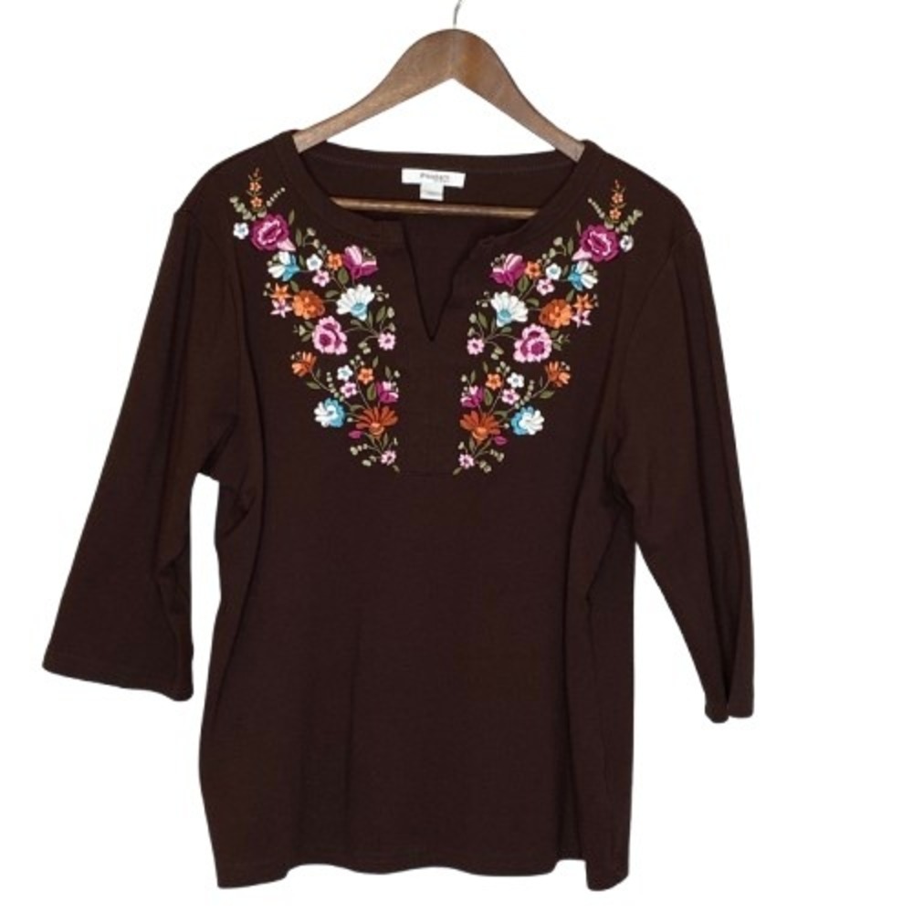 Dressbarn‎ Womens Embroidered Floral Tee Shirt Size 1X Chocolate Brown Bohemian